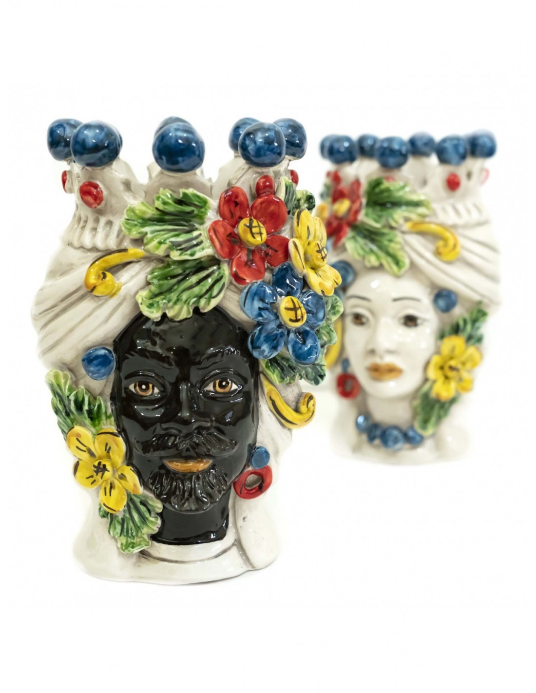 Pair Of Red King And Queen Moor S Heads In Caltagirone Ceramic 20 Cm