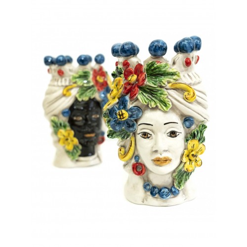 Pair Of Red King And Queen Moor S Heads In Caltagirone Ceramic Cm