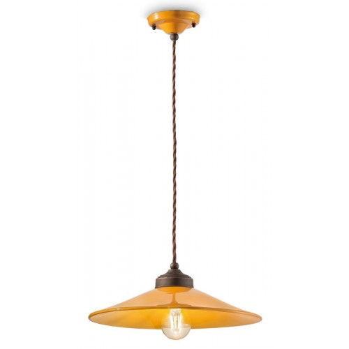 Lampadario a sospensione vintage in ottone antico e ceramica FLR-79