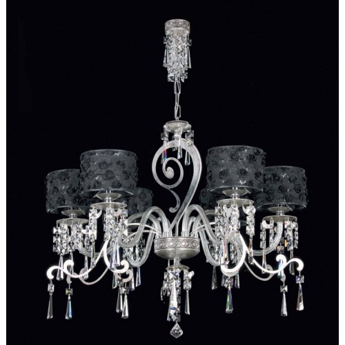 Modern chandelier in silver leaf metal, crystal and lampshades TP-137