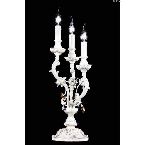 Lampada da tavolo flambeau in legno decapè oro con rose e cristalli TP-166