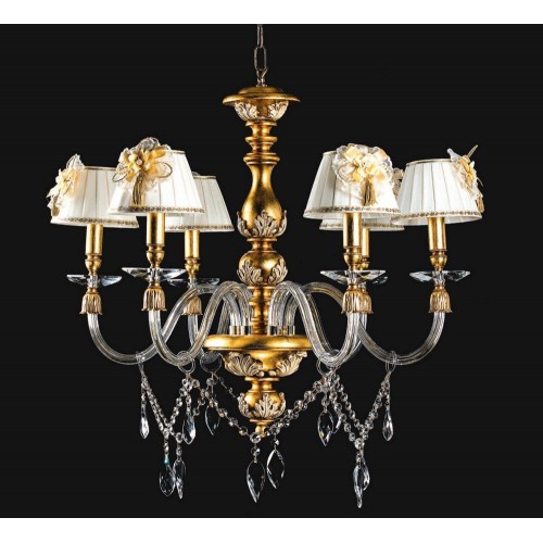 Chandelier in gold leaf wood and crystal with lampshades TP-170