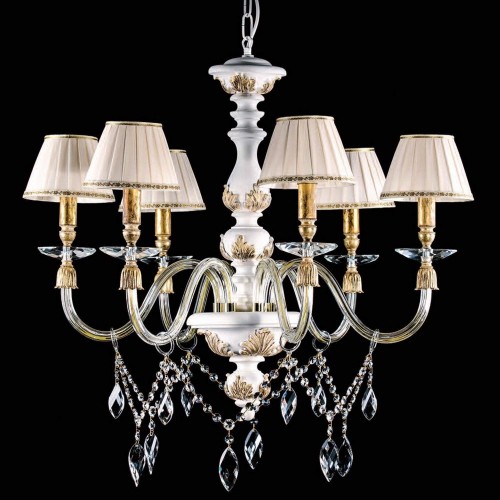 Chandelier in white wood and gold leaf, crystal, with lampshades TP-171