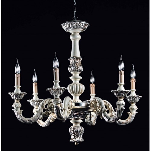 Chandelier in ivory wood and antique silver leaf 6 lights TP-172