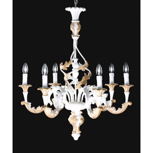 Chandelier in antique white wood and antique gold leaf 6 lights TP-174