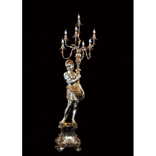 Dark brown floor lamp with gold leaf and silver leaf wood flambeau TP-207