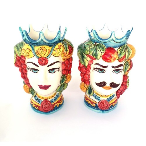 Pair of dark brown king and queen heads in Sicilian ceramic of Caltagirone art 200