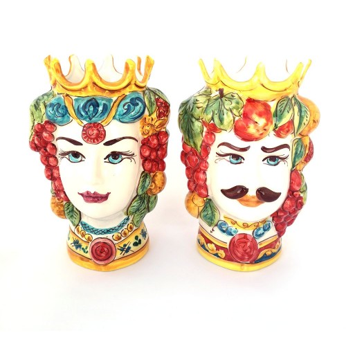 Pair of dark brown king and queen heads in Sicilian ceramic of Caltagirone art 201