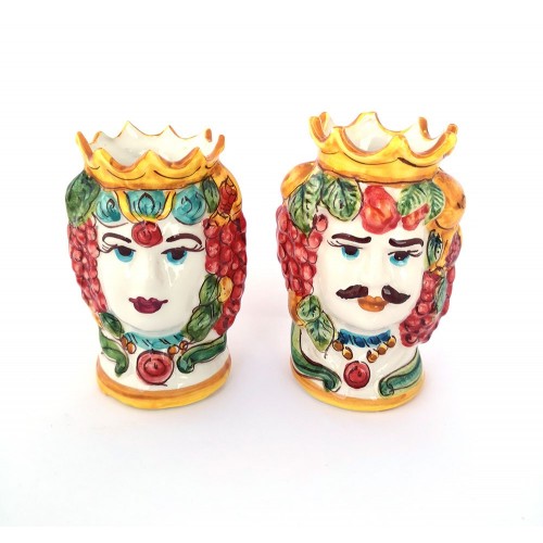 Pair of dark brown king and queen heads in Sicilian ceramic of Caltagirone art 208