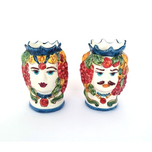 Pair of dark brown king and queen heads in Sicilian ceramic of Caltagirone art 209