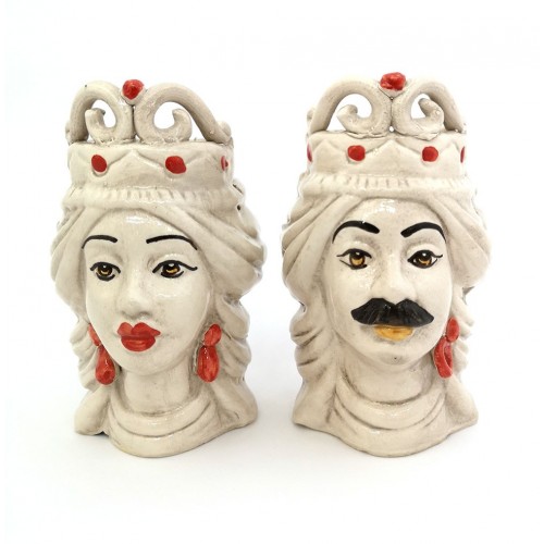 Pair of red king and queen Moor's heads in Sicilian ceramic from Caltagirone 15 cm