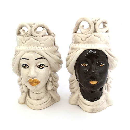 Pair of smoky black king and queen heads in Caltagirone ceramic