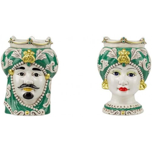 Pair of king and queen Moor's heads in Sicilian green ceramic 23 cm