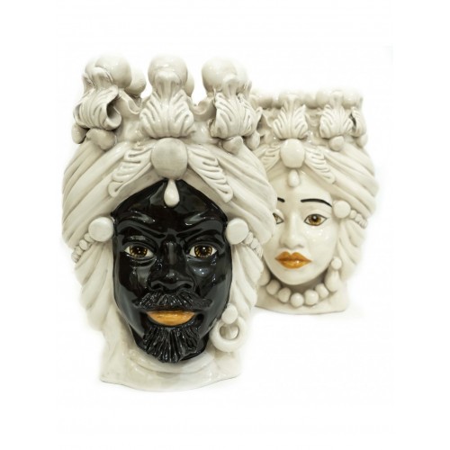 Pair of smoky black king and queen heads in Sicilian ceramic from Caltagirone 30 cm