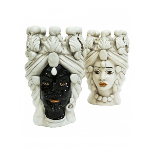 Pair of smoky black king and queen heads in Caltagirone ceramic 20 cm