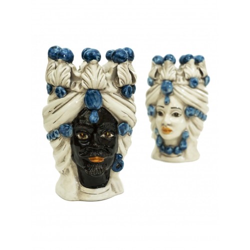 Pair of blue king and queen Moor's heads in ceramic from Caltagirone