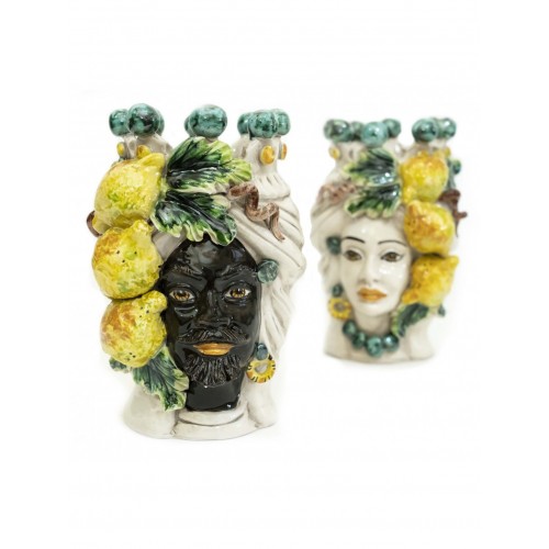 Pair of moor's heads king and queen lemons in ceramic from Caltagirone