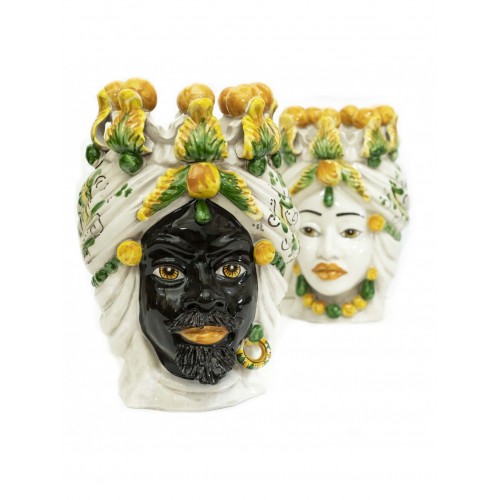 Pair of yellow king and queen Moor heads in Caltagirone ceramic