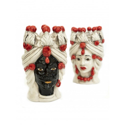 Pair of red king and queen Moor's heads in Caltagirone ceramic