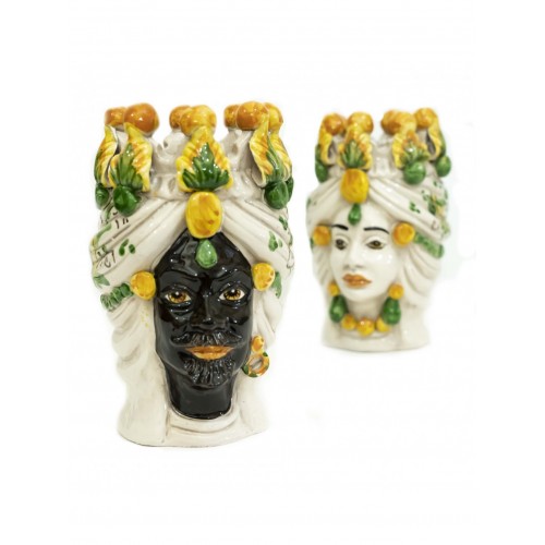 Pair of yellow king and queen Moor's heads in Sicilian ceramic from Caltagirone 20 cm