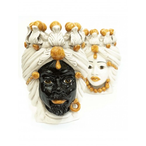 Pair of amber king and queen moor heads in Sicilian ceramic from Caltagirone 30 cm