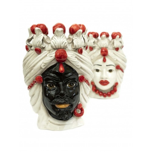 Pair of red king and queen Moor's heads in Caltagirone ceramic 30cm