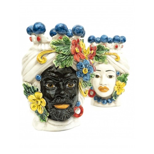 Pair of red king and queen Moor's heads in Caltagirone ceramic 30 cm