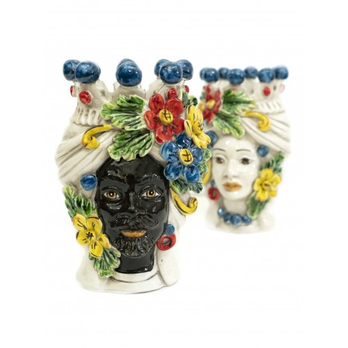 Couple of Moor's heads king and queen with flowers in Sicilian ceramic from Caltagirone 20 cm