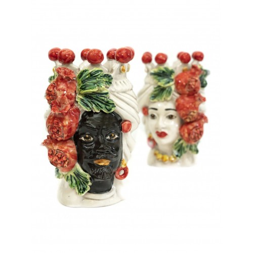 Pair of Moor's heads with pomegranate in Caltagirone ceramic 20 cm