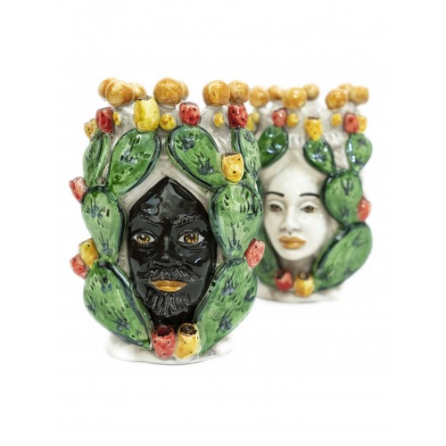 Pair of Moor's heads with prickly pears in Caltagirone ceramic 20 cm