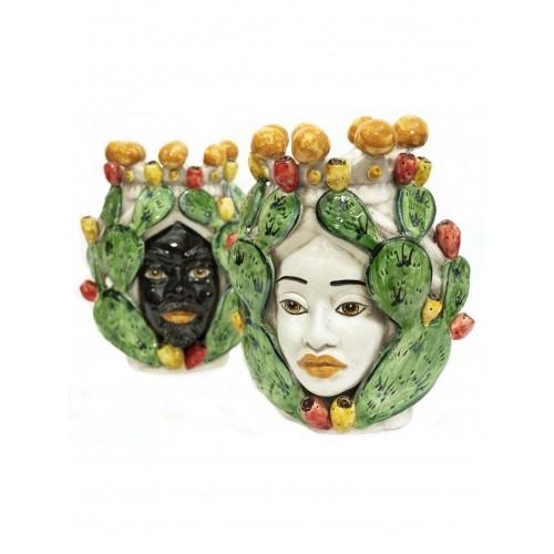 Pair of Moor's heads with prickly pears in Caltagirone ceramic 30 cm