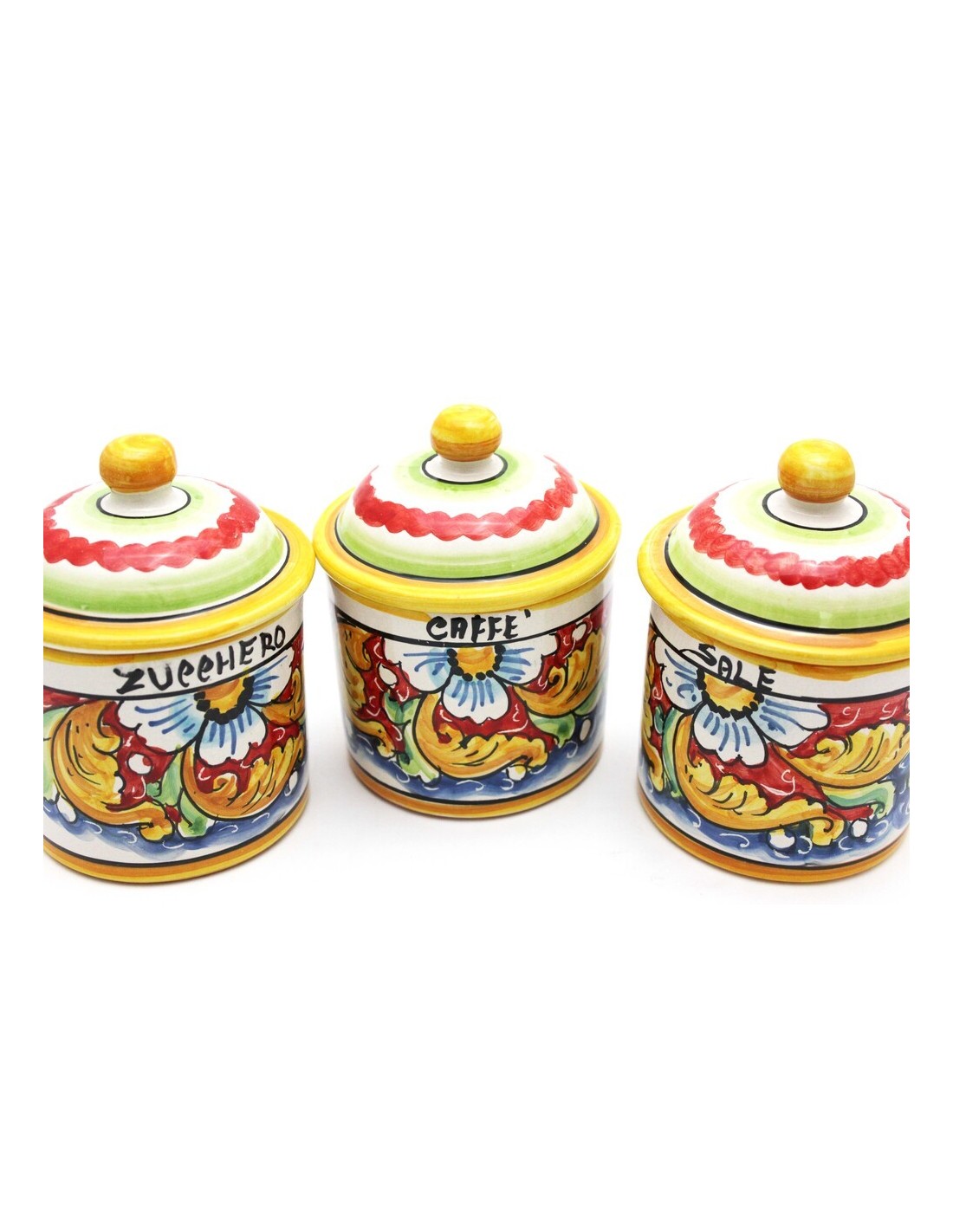 Set 3 Barattoli in Ceramica Decorazione Multicolore Sale Zucchero Caffè  12x15 cm