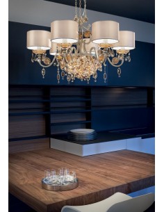 Lampadario classico con cristalli color ambra e 6 luci con paralume in  tessuto molto elegante