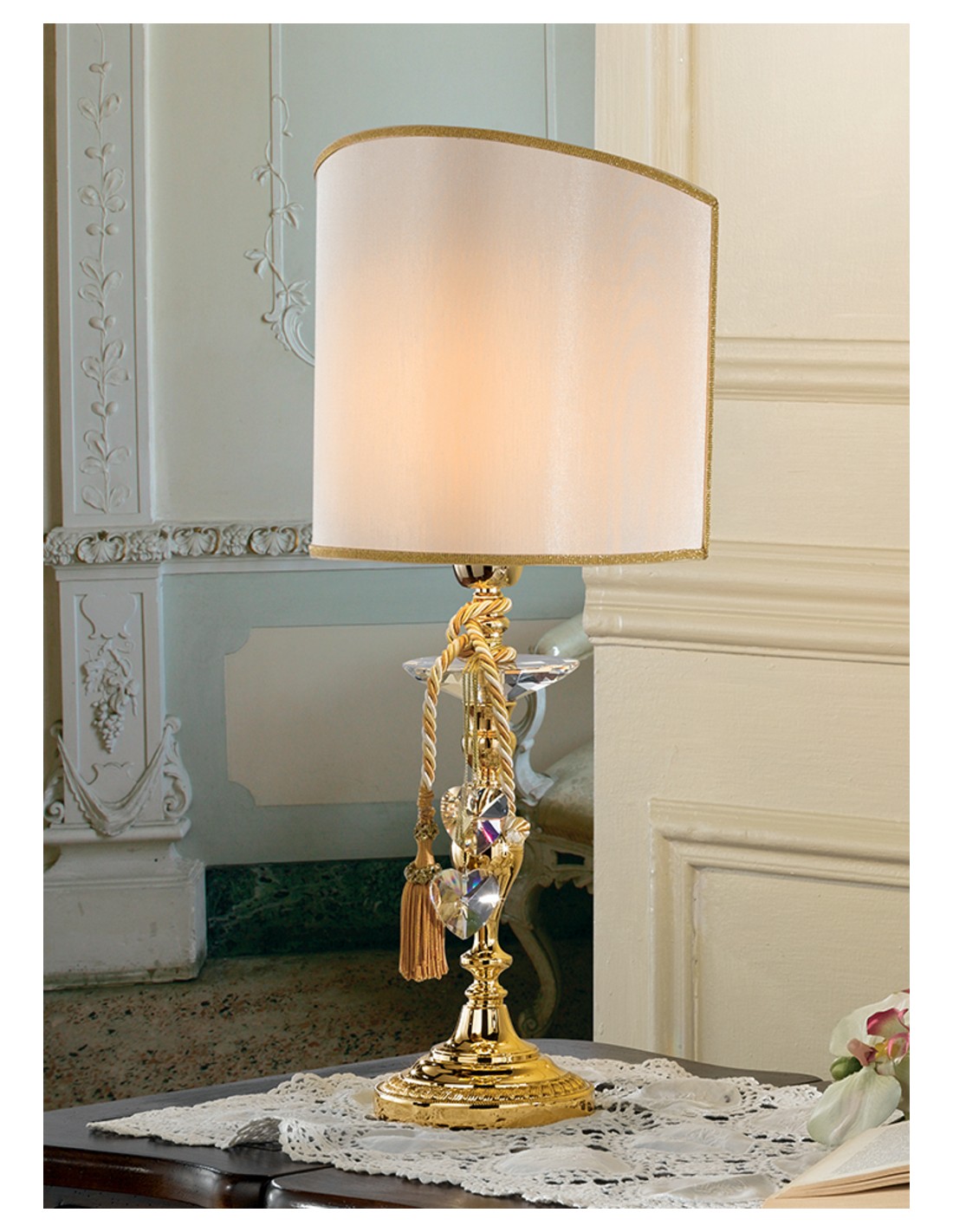 Bonetti illumina Leonardo lume lampada da tavolo grande con paralume  plissettato avorio oro