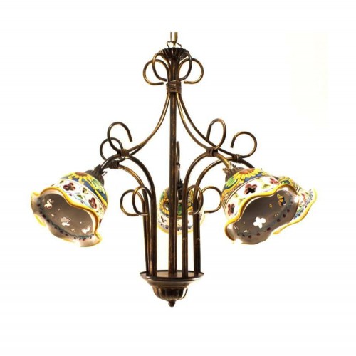 5 lights chandelier in wrought iron and Sicilian ceramic Candida